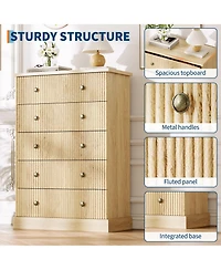 gaomon 5 Drawer Fluted Dresser, Slim Vertical Wood Chest with Metal Handles for Bedroom Apartment Guest Room