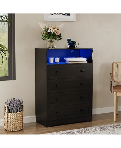 gaomon 4 Drawer Tall Dresser with Led Lights and Charging Station, Wood Storage Cabinet Nightstand