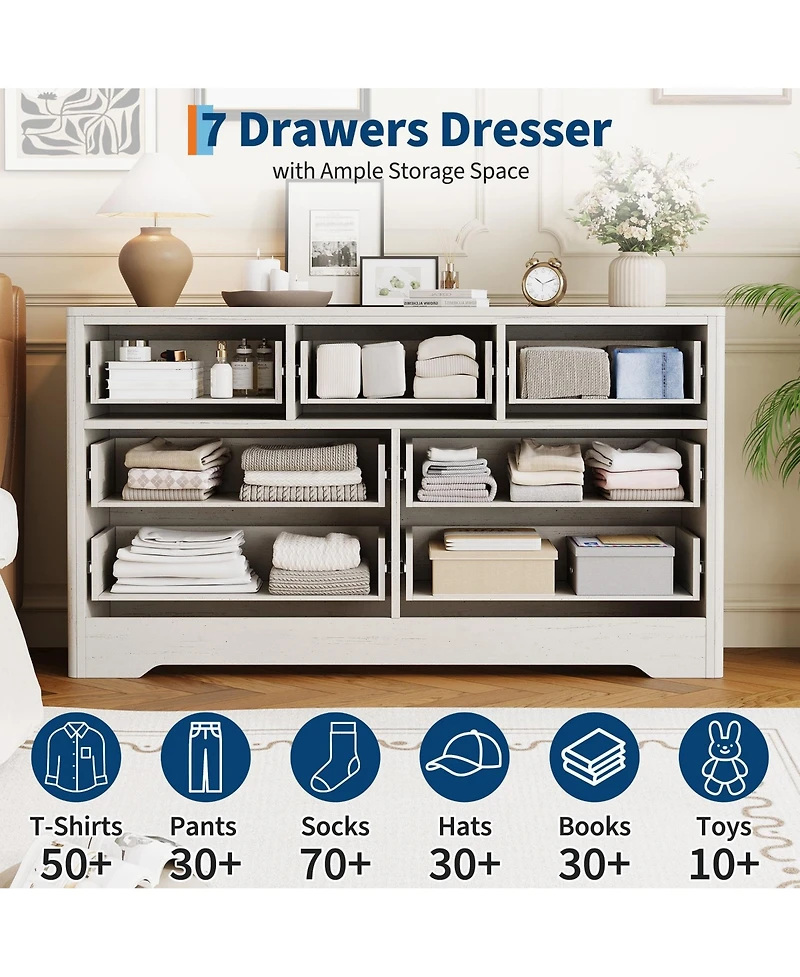 gaomon 54" Wide 7 Drawer Wood Dresser with Decorative Fronts and Crystal Knobs, Storage Tv Stand Organizer