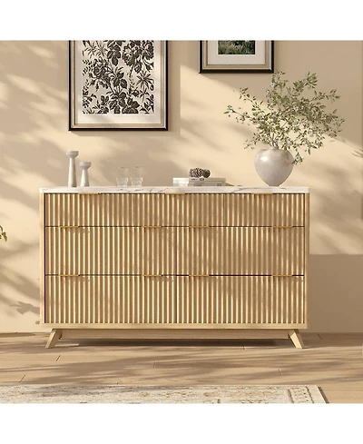 gaomon Fluted 7 Drawer Dresser with Curved Profile and Metal Handles, Mid-Century Wood Storage Chest