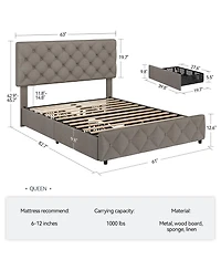 homfan Upholstered Platform Bed Frame with 4 Storage Drawers and Adjustable Diamond-Tufted Headboard, No Box Spring Needed
