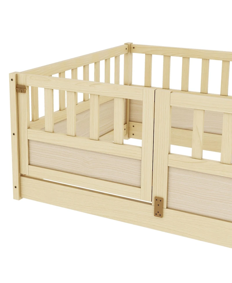 flynama Montessori Wooden Floor Bed With High Barrier And Door Wood For Kids Bedroom