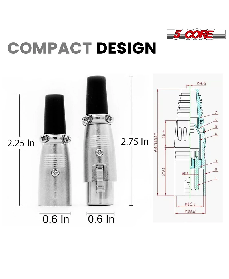5Core Xlr Connector 20 Pair Male Female to 1/4 Audio Jack 3 Pin Secure Mic Plug w Locking Ends