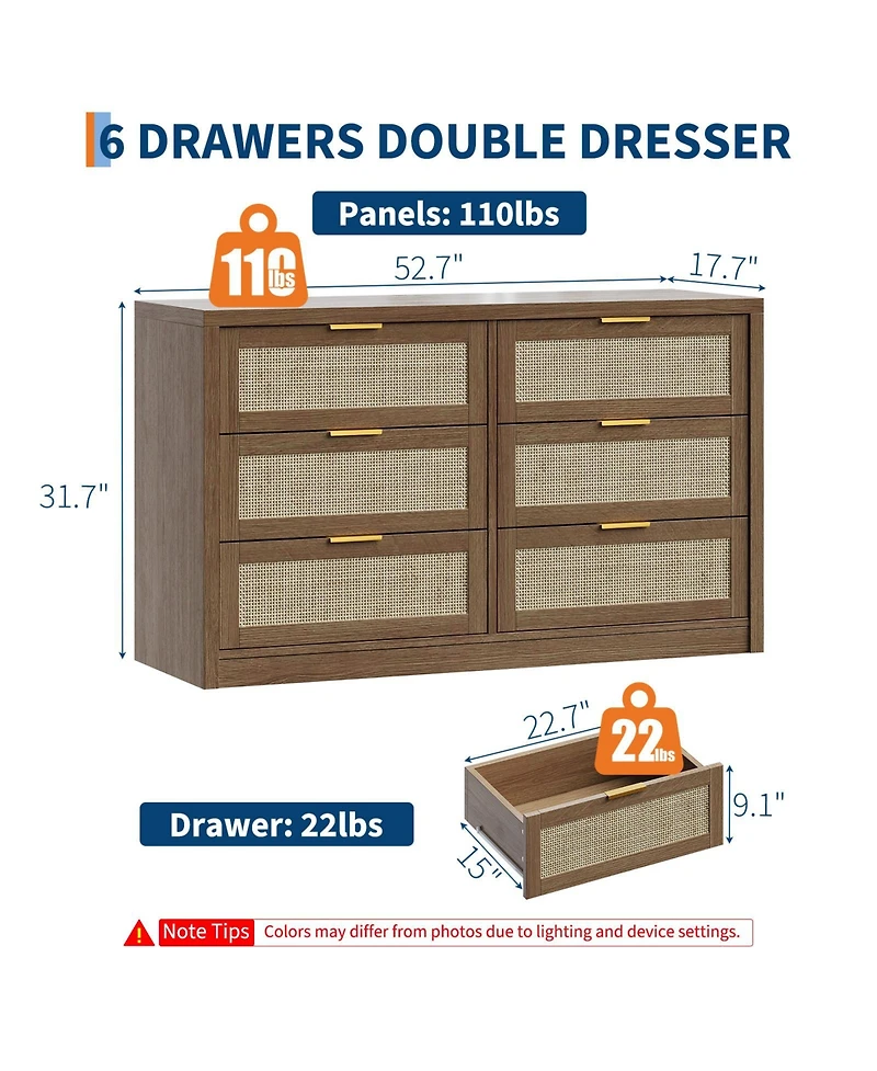 gaomon 6-Drawer Dresser for Bedroom, 57.2" Wide Rattan Dresser Modern Wood Chest with Metal Handles
