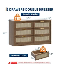 gaomon 6-Drawer Dresser for Bedroom, 57.2" Wide Rattan Dresser Modern Wood Chest with Metal Handles