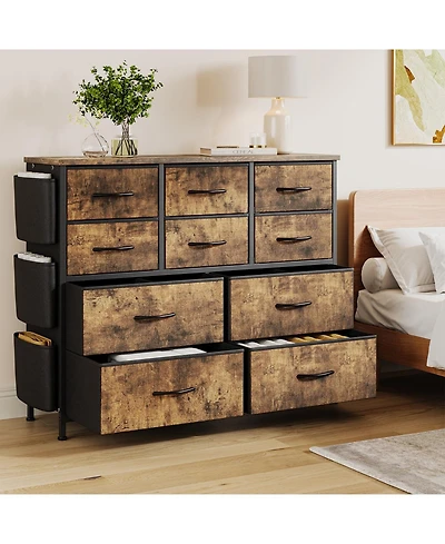 gaomon Fabric 10 Drawer Dresser with Metal Frame, Storage Organizer with Side Pockets and Hooks