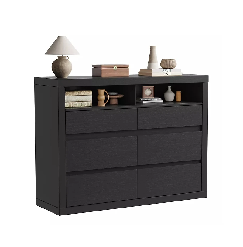 gaomon 6 Drawer Modern Wooden Dresser with 2 Open Shelves, 47" Wide Handleless Storage Chest for Bedroom