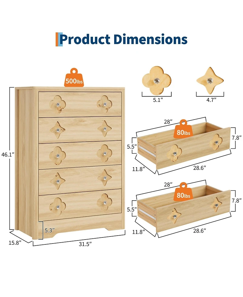 gaomon 46.1" Tall 5 Drawer Wood Dresser with Decorative Fronts and Crystal Knobs, Narrow Storage Chest