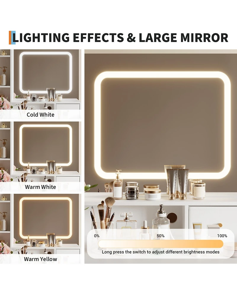 Homfan Makeup Vanity Desk with 3-Color Lights, 4 Drawers, 2 Shelves, Built-In Charging Station, Led Table for Bedroom, Dressing Room