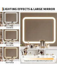 Homfan Makeup Vanity Desk with 3-Color Lights, 4 Drawers, 2 Shelves, Built-In Charging Station, Led Table for Bedroom, Dressing Room