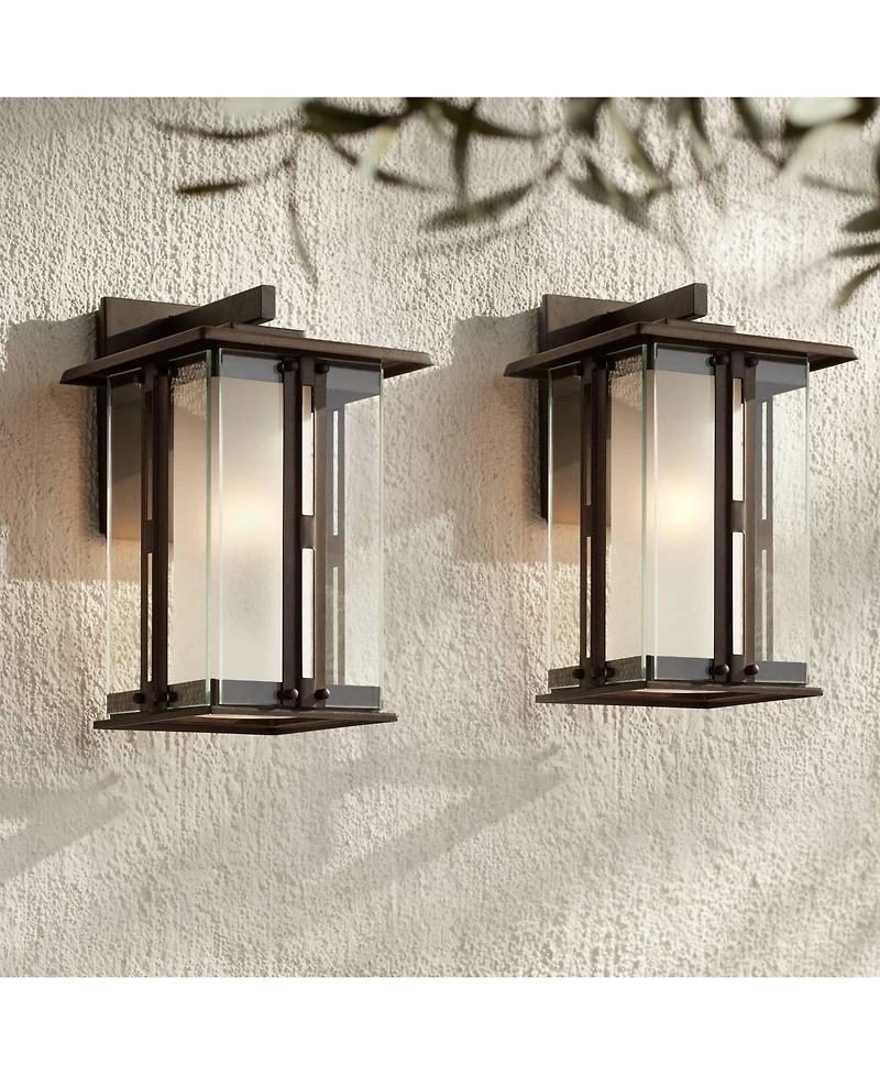 Franklin Iron Works Fallbrook Collection Rustic Farmhouse Outdoor Wall Light Fixtures Set of 2 Bronze 11 3/4" Clear Frosted Double Glass for Exterior