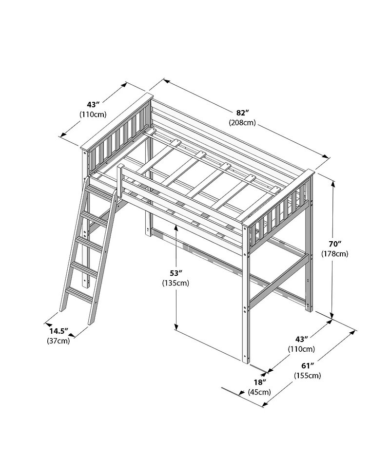 Max and Lily High Loft Bed, Twin Bed Frame For Kids, Clay
