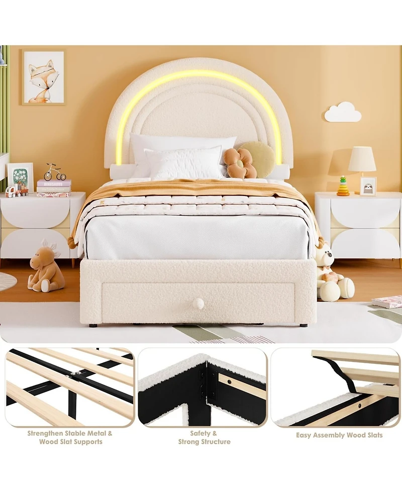 gaomon Twin Upholstered Led Bed Frame - with Storage Drawer and Rainbow Headboard, Berber Fleece Princess Platform for Kids, Solid Wood Support