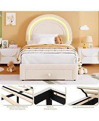 gaomon Twin Upholstered Led Bed Frame - with Storage Drawer and Rainbow Headboard, Berber Fleece Princess Platform for Kids, Solid Wood Support