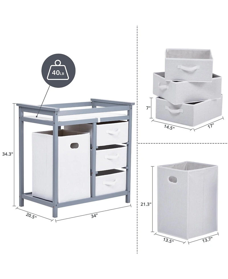 gaomon Wooden Baby Changing Table, Infant Diaper Changing Station Dresser with Laundry Hamper, 3 Drawer Basket and Changing Pad