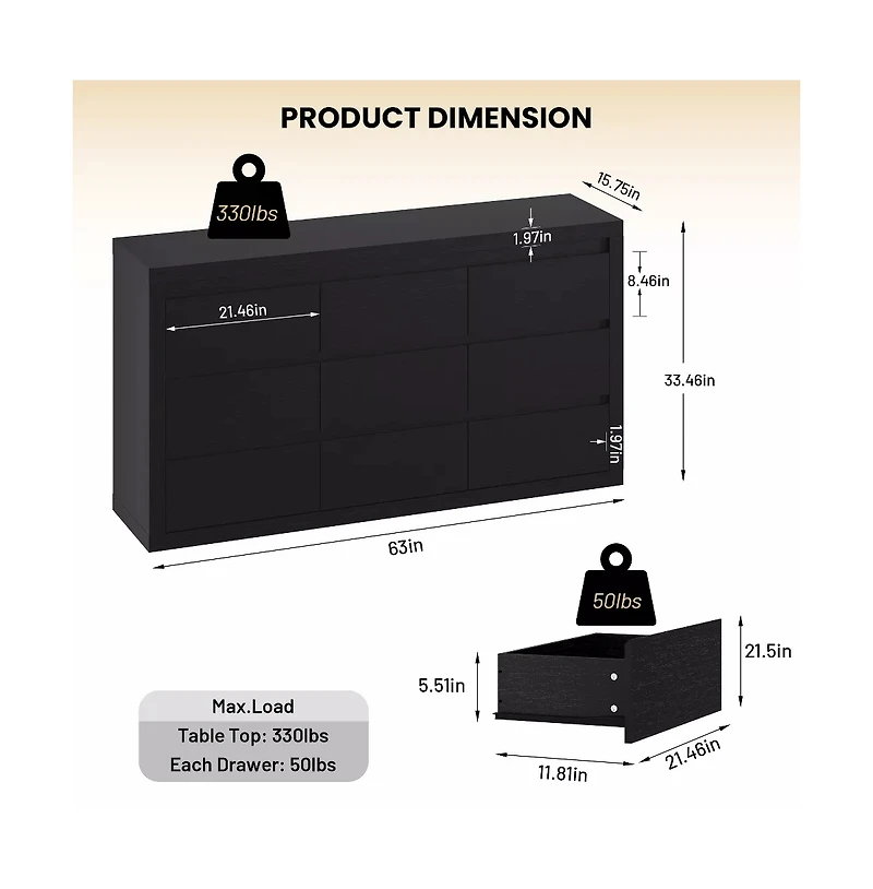 gaomon 9 Drawer Modern Wooden Dresser with Handleless Design, Wide Storage Chest for Bedroom Living Room Entryway