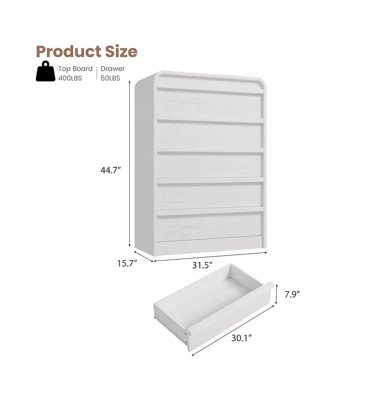 gaomon Arched 5 Drawer Wood Dresser with Curved Profile, Modern Storage Chest