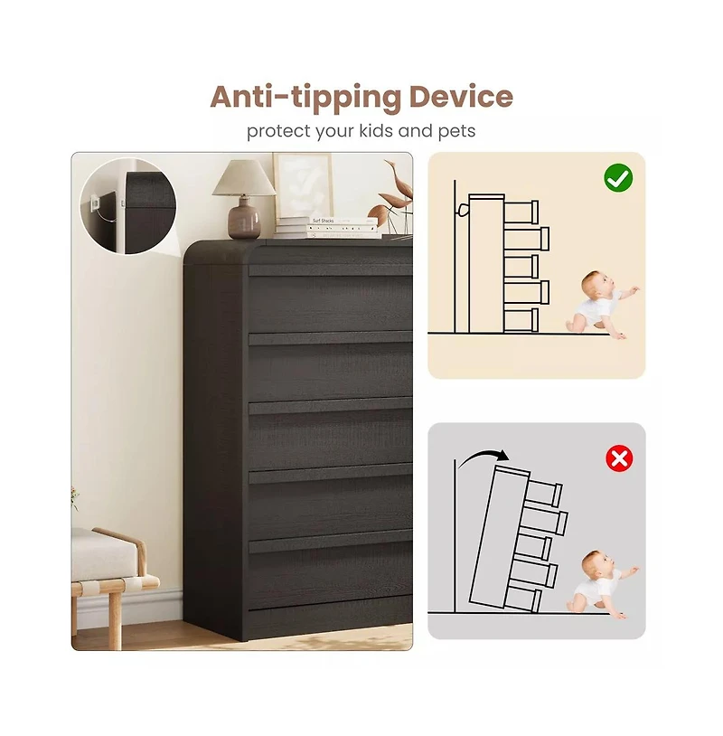 gaomon Arched 5 Drawer Wood Dresser with Curved Profile, Modern Storage Chest