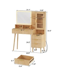 Homfan Fluted Makeup Vanity Desk with Led Lighted Mirror and Power Outlet - 5 Drawers, Glass Top, Door, Adjustable Shelves