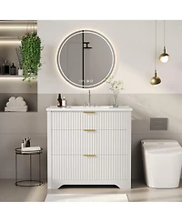 Gaomon Fluted Bathroom Vanity with Ceramic Sink Freestanding Cabinet with Soft-Close Drawers and 1 Rotating-Down Drawer 36 In