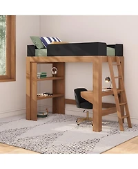 Max & Lily Mid-Century Modern Twin Loft Bed with Desk and Bookshelf