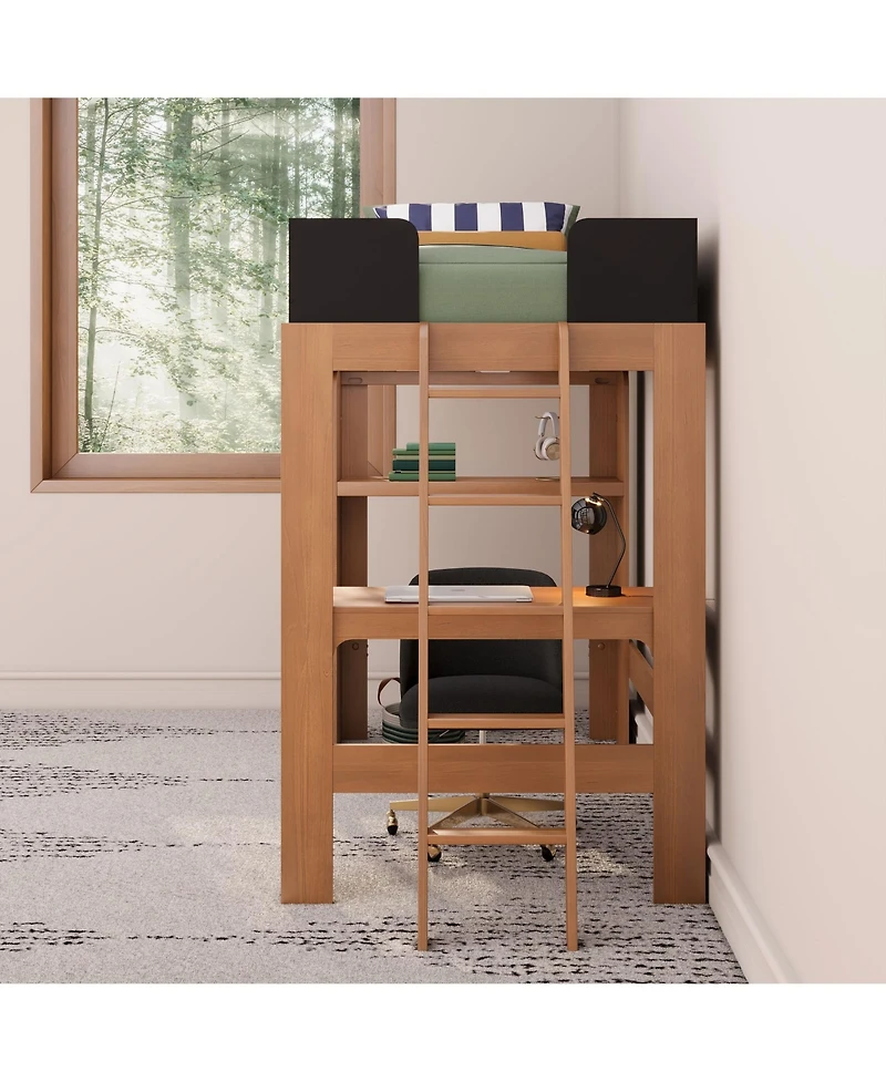 Max & Lily Mid-Century Modern Twin Loft Bed with Desk and Bookshelf