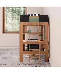 Max & Lily Mid-Century Modern Twin Loft Bed with Desk and Bookshelf