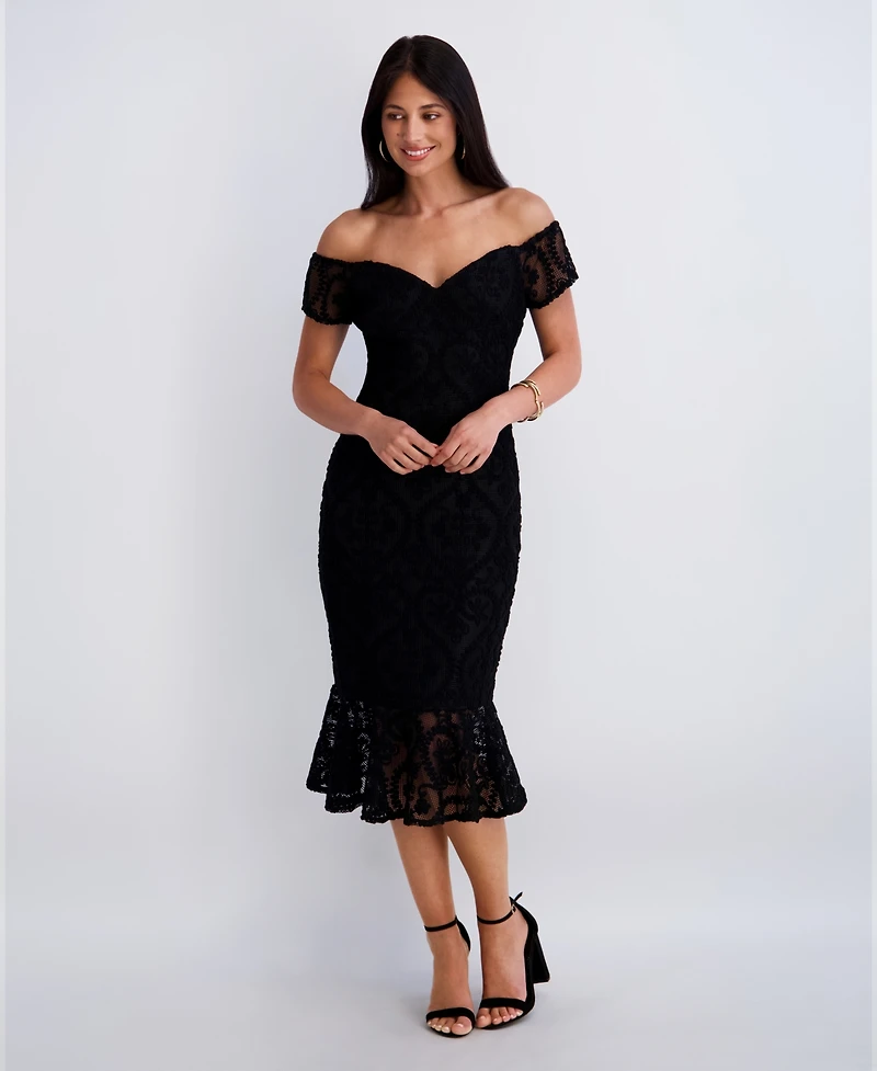 Siena Women's Crochet Lace Removable Straps Sweetheart Neck Midi Dress