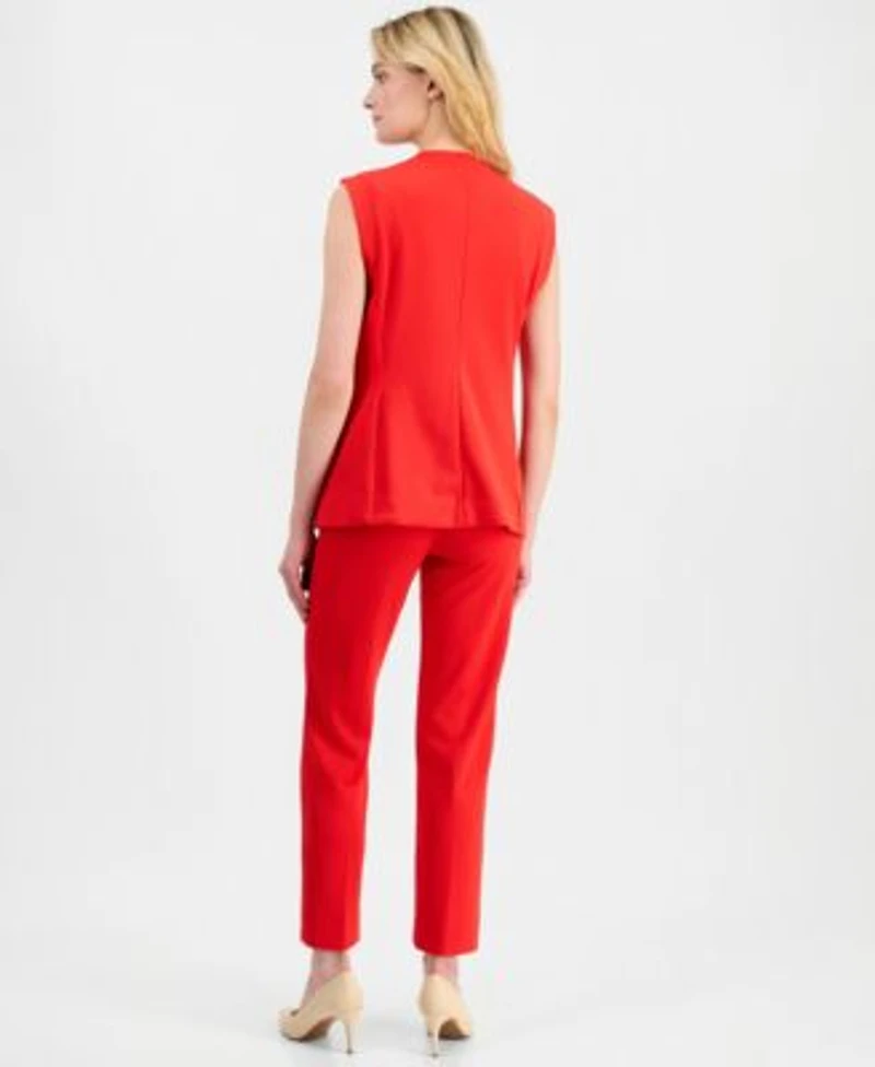 Anne Klein Womens Crewneck Button Front Vest Stretch Crepe Pull On Hollywood Waist Straight Ankle Pants