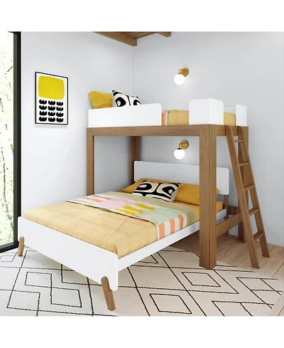 Max & Lily Mid-Century Modern L-Shaped Twin Over Queen Bunk Bed With Ladder on End
