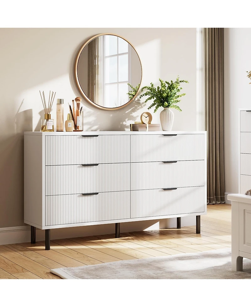 gaomon 6-Drawer Fluted Dresser for Bedroom, Modern Wide Chest of Drawers with Metal Legs Storage Cabinet