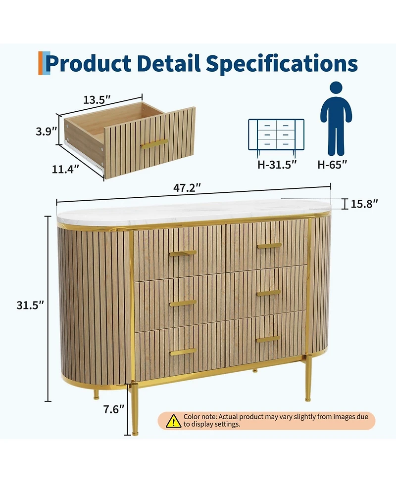 gaomon Fluted 6 Drawer Dresser, Mid Century Modern Wood Chest with Curved Design and Gold Handles