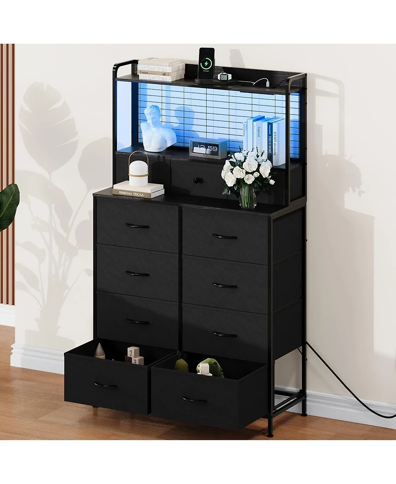 gaomon 11 Drawer Fabric Dresser with Charging Station, Wireless Charger and Rgb Led Lights Storage Organizer