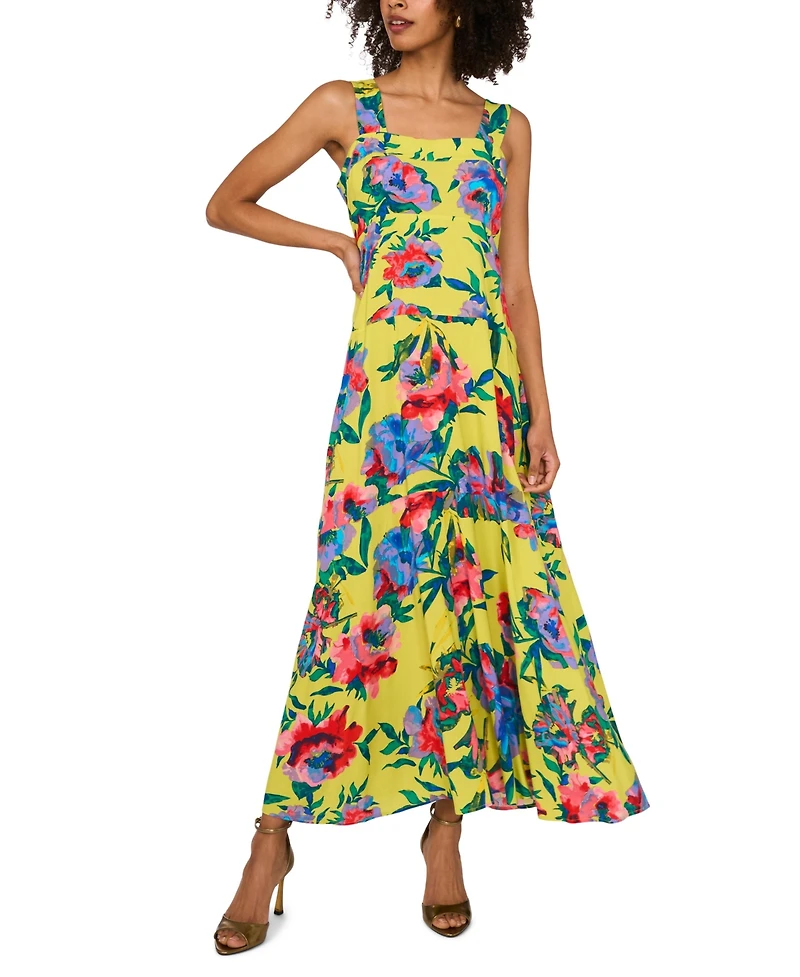 Vince Camuto Women's Floral Square-Neck Smocked-Back Sleeveless Maxi Dress