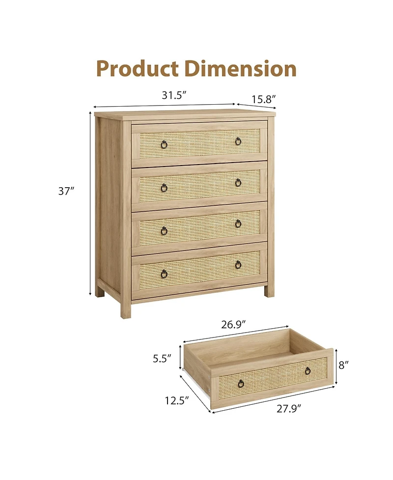 gaomon Rattan 4 Drawer Dresser, 37" Tall Wooden Storage Chest for Bedroom Living Room Hallway