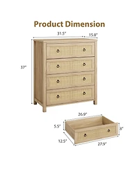 gaomon Rattan 4 Drawer Dresser, 37" Tall Wooden Storage Chest for Bedroom Living Room Hallway