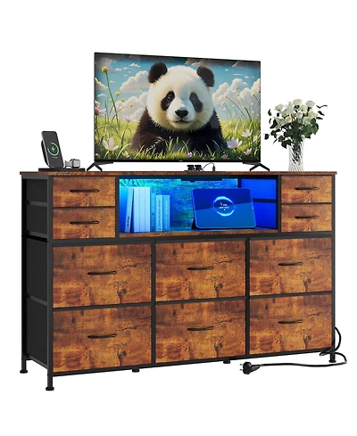 gaomon 10 Drawer Fabric Dresser Tv Stand with Led Lights and Power Outlets, 45"-55" Entertainment Center