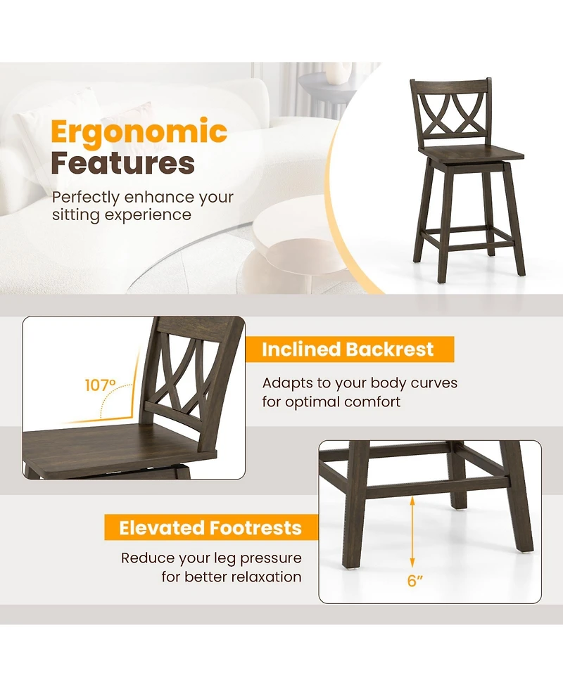 Slickblue 2 Piece Wooden Bar Stool Set Rubber Wood Frame Chairs