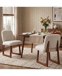 Rainsken Dining Chairs Set of 2, Beige Boucle Upholstered Kitchen Chairs with Curved Wooden Legs, 300lbs Capacity for Dining Room, Living Room