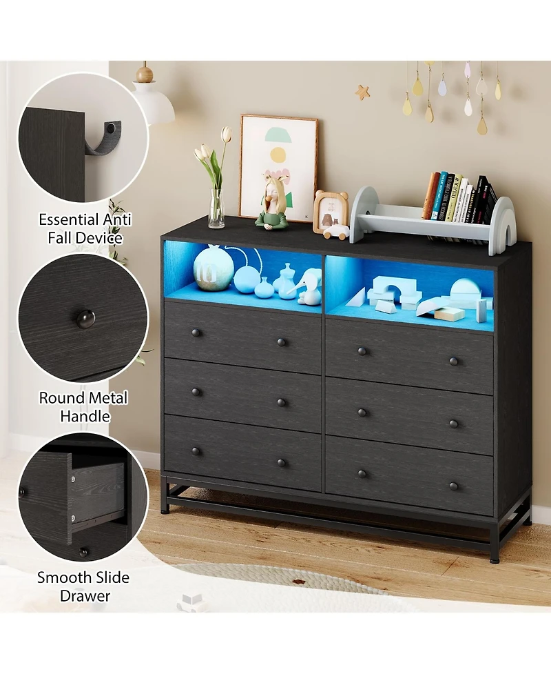 gaomon 6 Drawer Dresser with Led Lights and Power Outlet, Wooden Tv Stand Storage Cabinet for Bedroom