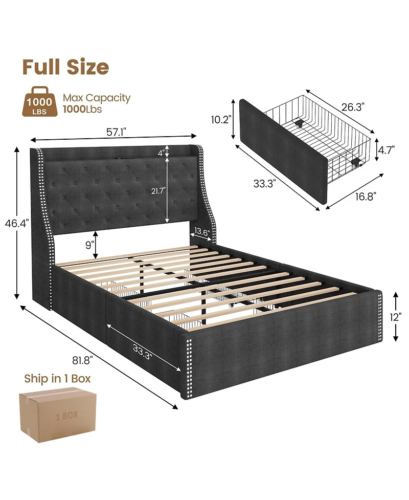 gaomon Upholstered Bed Frame with 4 Storage Drawers, Wingback Headboard and Charging Station