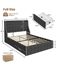 gaomon Upholstered Bed Frame with 4 Storage Drawers, Wingback Headboard and Charging Station