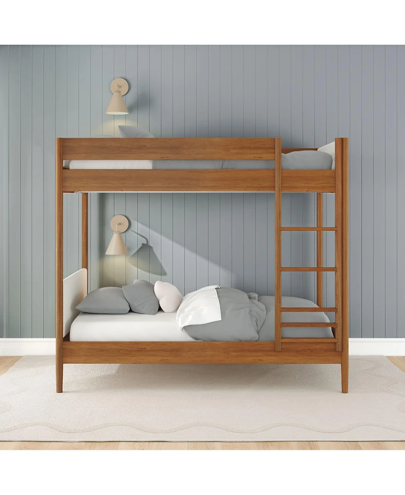 Max & Lily Harbor Twin Over Wood Bunk Bed with Upholstered Headboard, Blonde/Swiss Coffee