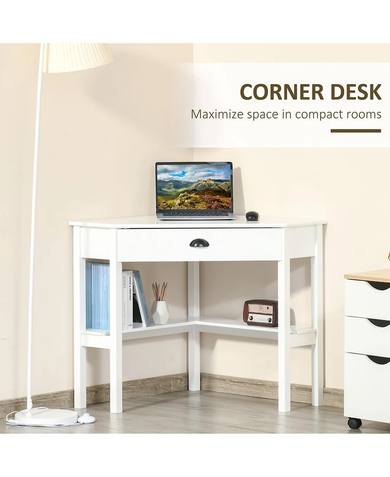 Homcom Corner Desk Triangle Computer Desk with Drawer & Storage Shelves,