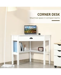Homcom Corner Desk Triangle Computer Desk with Drawer & Storage Shelves,