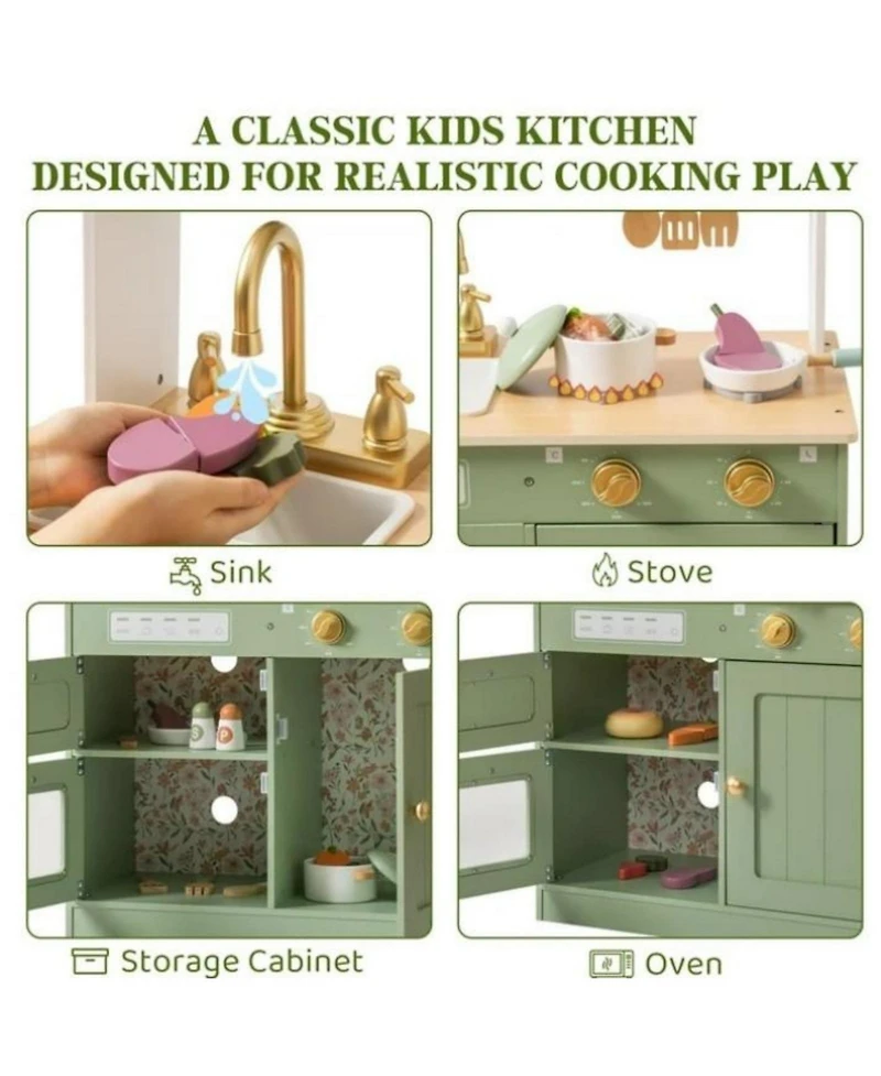 Robotime Dollhouses Wooden Pretend Play Kitchen Set Toy with Cutting Food Set, Toys Kitchen Gift for 3 To Up Kids