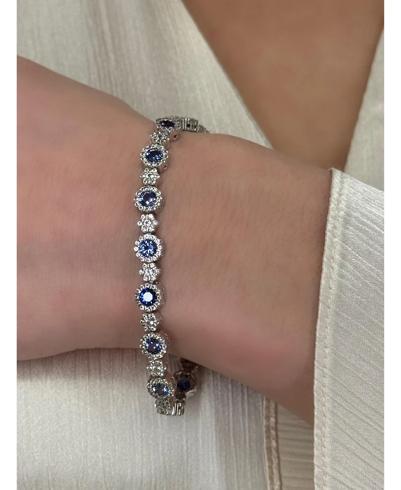 Suzy Levian New York Sterling Silver Sapphire & Created White Round Halo Cluster Tennis Bracelet