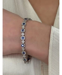 Suzy Levian New York Sterling Silver Sapphire & Created White Round Halo Cluster Tennis Bracelet