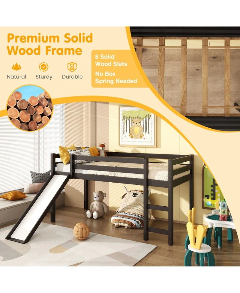 Gouun Twin Low Loft Bed with Built-In Slide and Dual Ladders