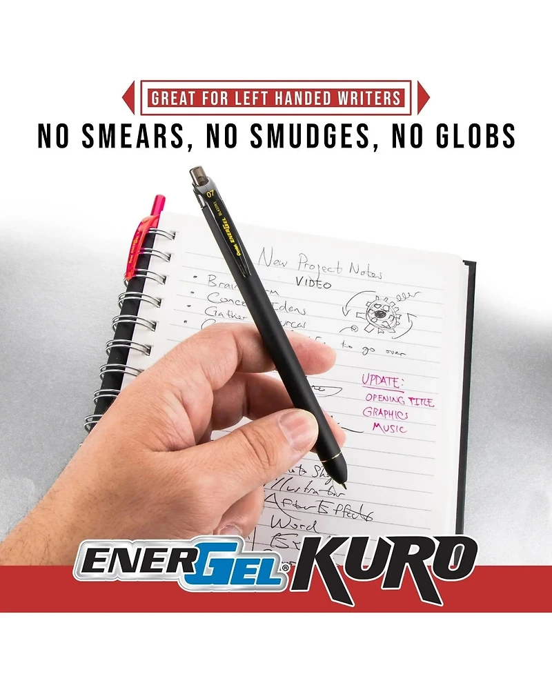 Pentel EnerGel Kuro Liquid Gel Pen, (0.7mm) Medium line, Assorted Ink 12-pk
